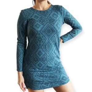 H&M | NWT | Small | Cotton Knee Length Long Sleeve Geometric Teal Shift Dress